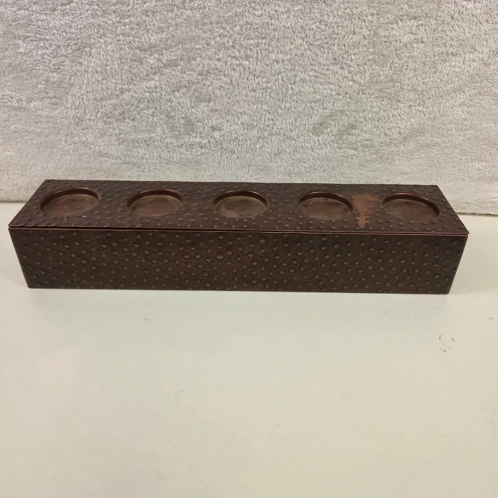 Hammered Bronze Metal 5 Tea Light Votive Candle Holder Rectangular Centerpiece